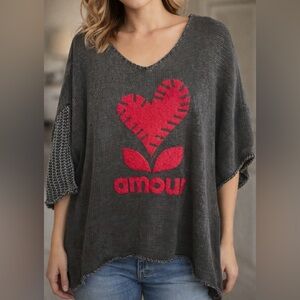 Cozy Gray and Red Off-the-Shoulder Sweater with Heart Design